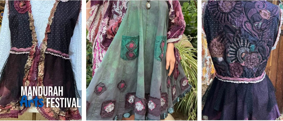 two images side by side, of colourful homemade clothing covered in patches and embellishments, worn by woman whose faces can't be seen